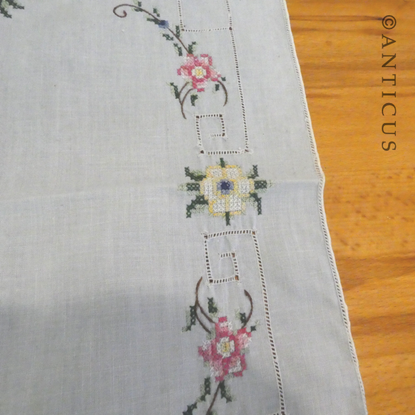 Vintage Tray Cloth, Blue Linen, Cross-Stitch Embroidery.