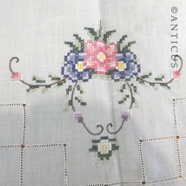 Vintage Tray Cloth, Blue Linen, Cross-Stitch Embroidery.