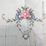 Vintage Tray Cloth, Blue Linen, Cross-Stitch Embroidery.