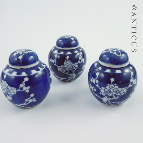3 Small Ginger Jars, Blue and White.