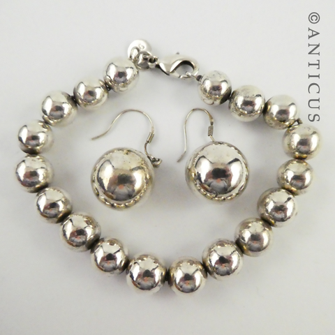 Sterling Silver Round Beads Bracelet and Earrings. Anticus Antiques
