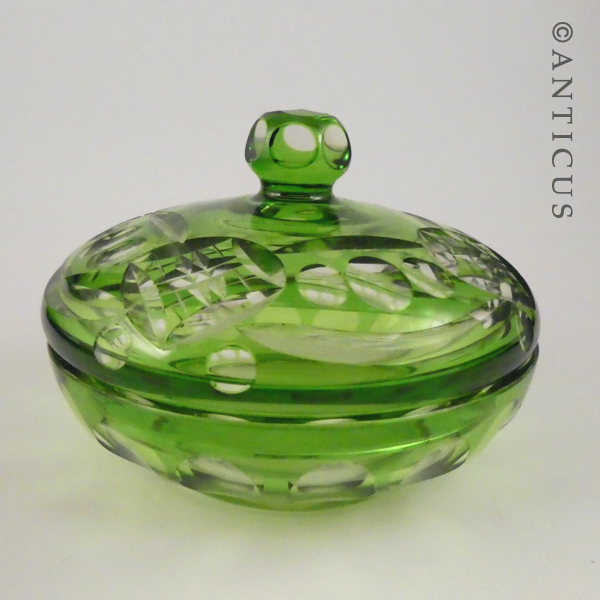 Vintage Green Overlaid Glass Lidded Bowl.