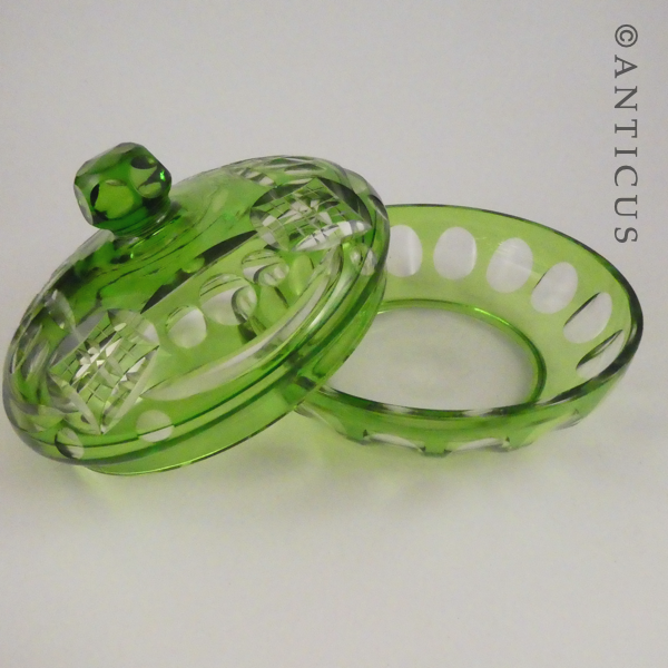 Vintage Green Overlaid Glass Lidded Bowl.