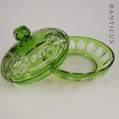 Vintage Green Overlaid Glass Lidded Bowl.