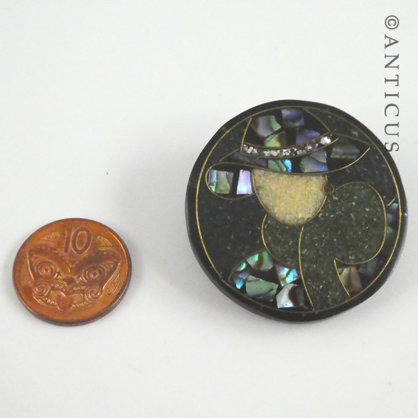 Brooch, Woman with Hat, Decorated with Paua Shell.