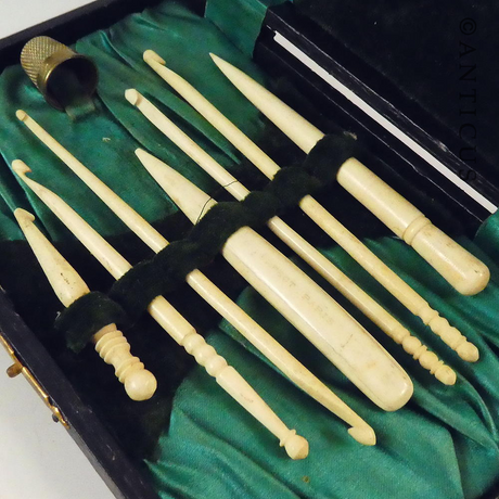 Cased Set of French Antique Crochet Hooks.