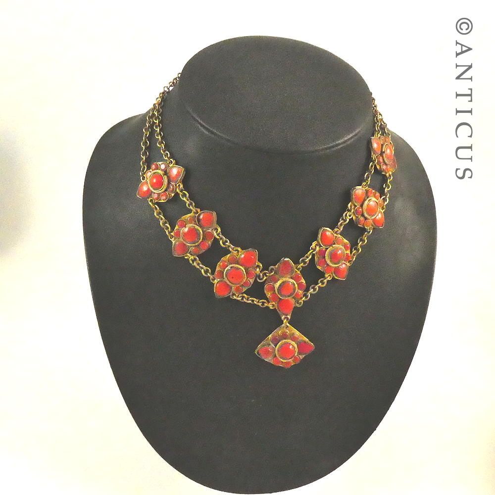 Tribal Silver Gilt and Coral Necklace.