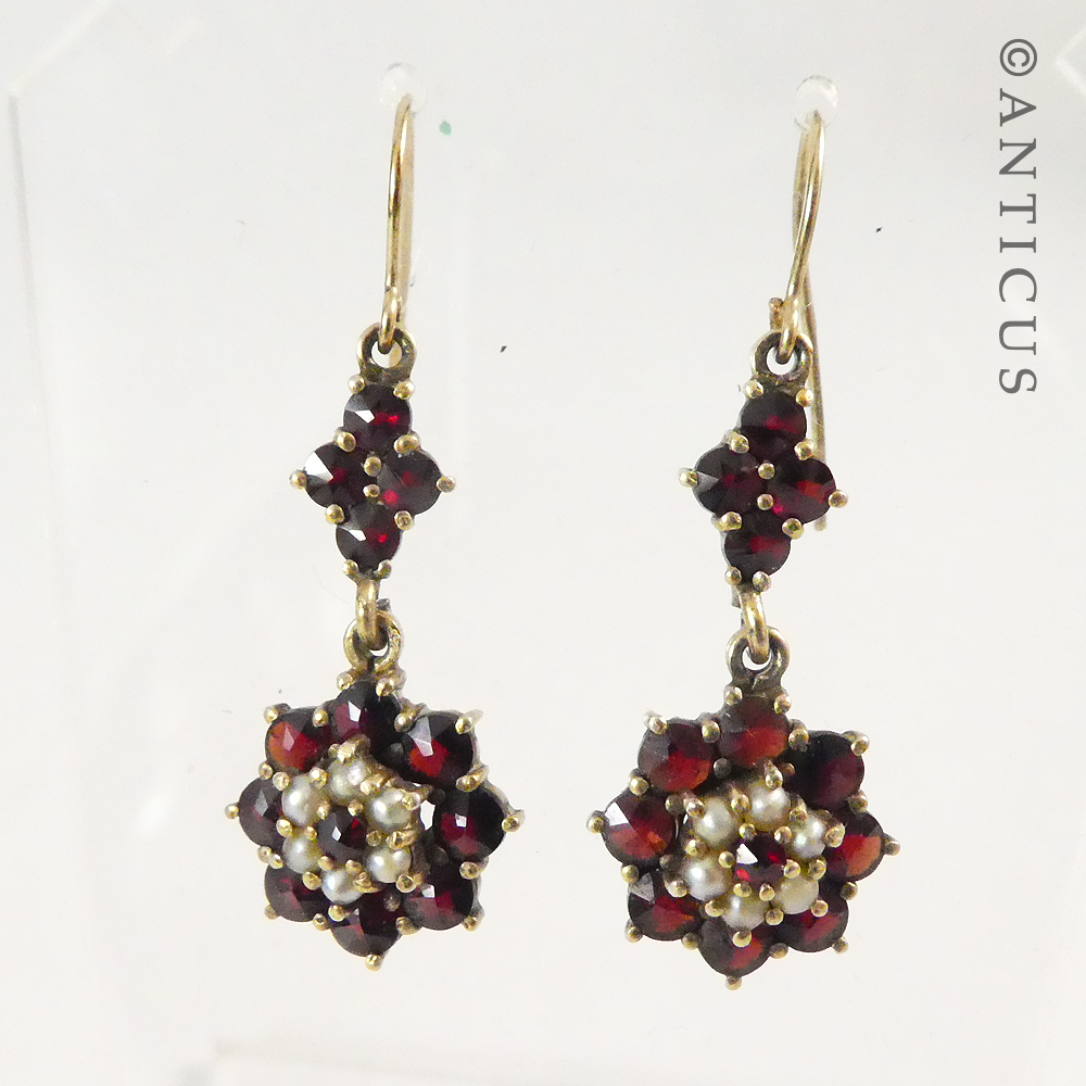 Pair of Garnet and Pearl Drop Earrings.
