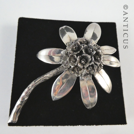 Modern Silver Flower Brooch, Signed.