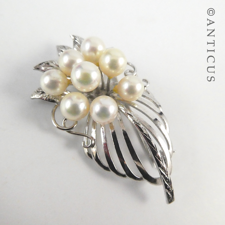 Silver and Cultured Pearl Floral Spray Brooch.