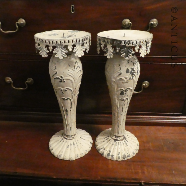 Pair of Large Cream Metal Candlesticks.