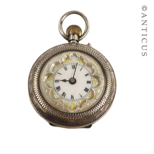 Small Silver Fob Watch with Decorated Dial.