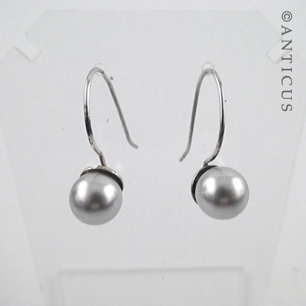 Grey Faux Pearl Drop Earrings, Silver Mounts.