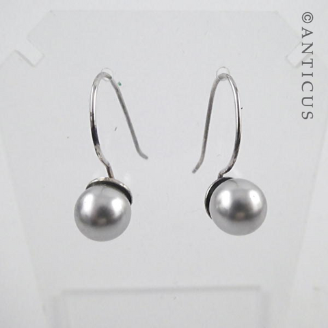 Grey Faux Pearl Drop Earrings, Silver Mounts.