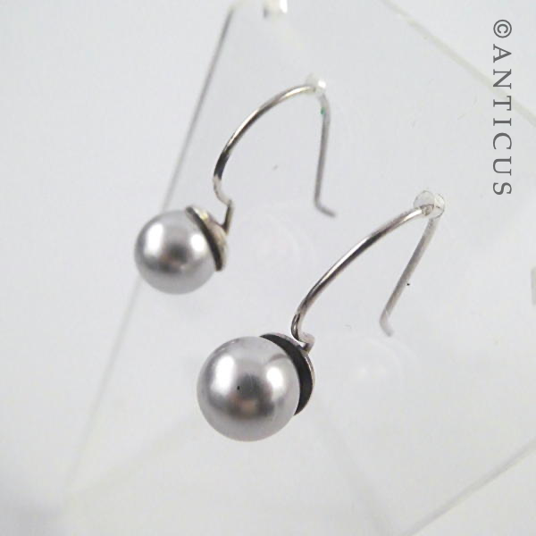 Grey Faux Pearl Drop Earrings, Silver Mounts.
