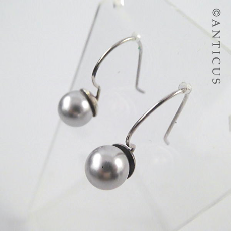 Grey Faux Pearl Drop Earrings, Silver Mounts.