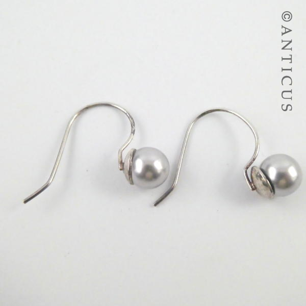 Grey Faux Pearl Drop Earrings, Silver Mounts.