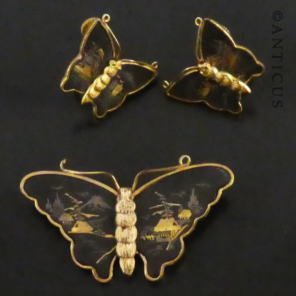 Japanese Damascene Butterfly Brooch & Earrings.