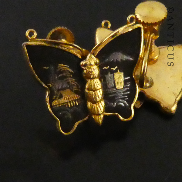 Japanese Damascene Butterfly Brooch & Earrings.