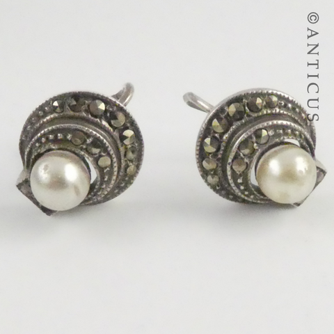 Marcasite, Silver and Faux Pearl 1920s Earrings.