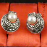 Marcasite, Silver and Faux Pearl 1920s Earrings.