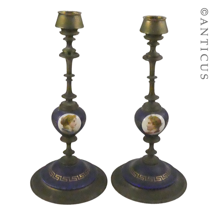 Pair of Vintage French Porcelain & Brass Candlesticks.