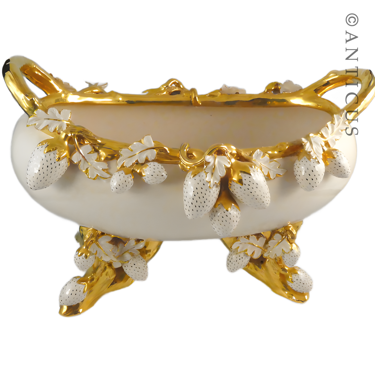 Very Large Handmade Bowl, Gilded, Strawberry Decoration.