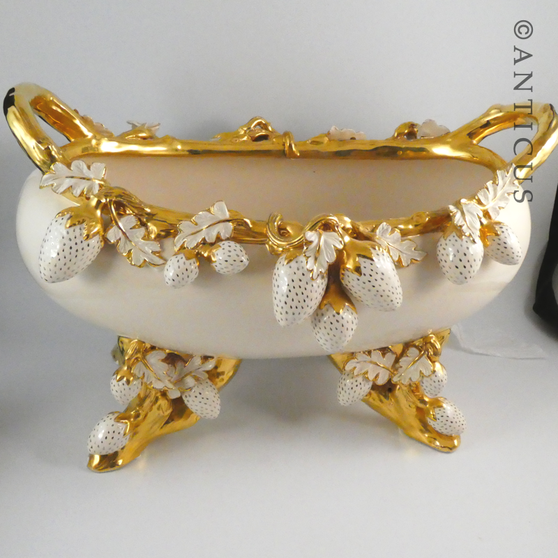 Very Large Handmade Bowl, Gilded, Strawberry Decoration.