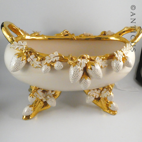 Very Large Handmade Bowl, Gilded, Strawberry Decoration.