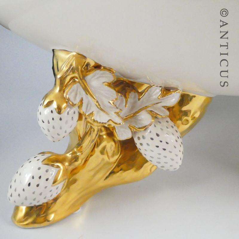 Very Large Handmade Bowl, Gilded, Strawberry Decoration.