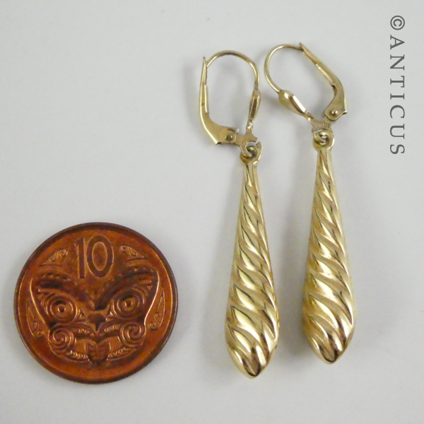 Gold Drop Earrings, Swirl Pattern.