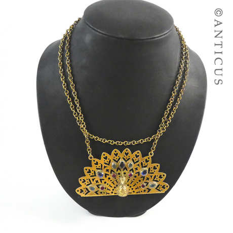 Large Brass Peacock Pendant with Gem Stones.