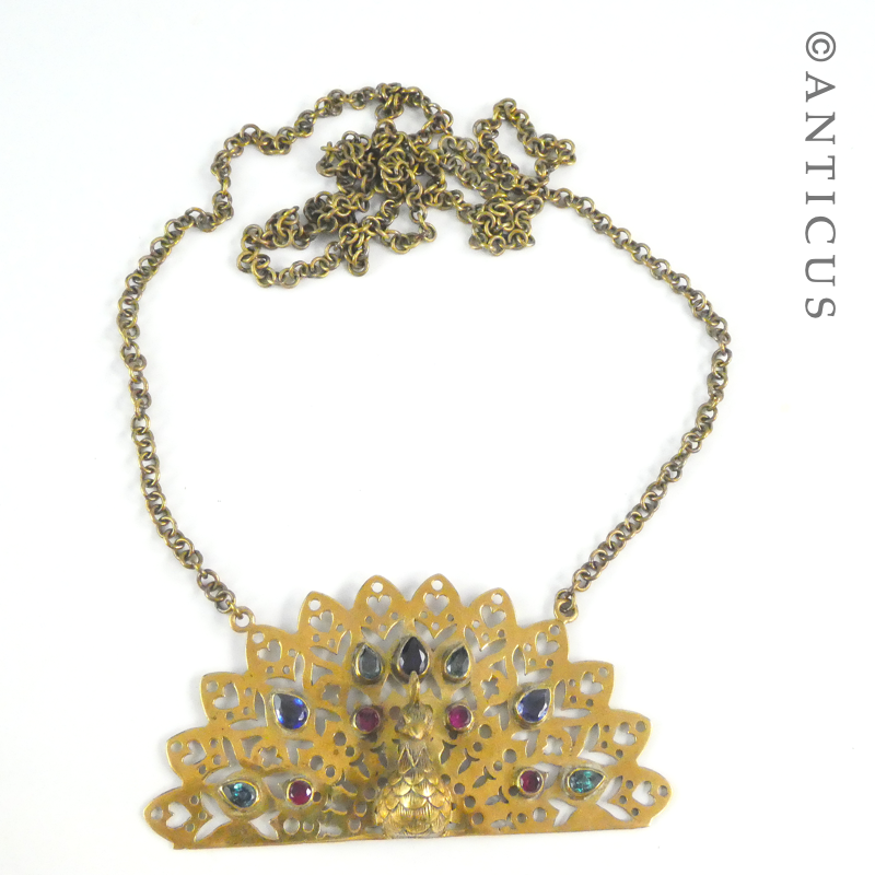 Large Brass Peacock Pendant with Gem Stones.