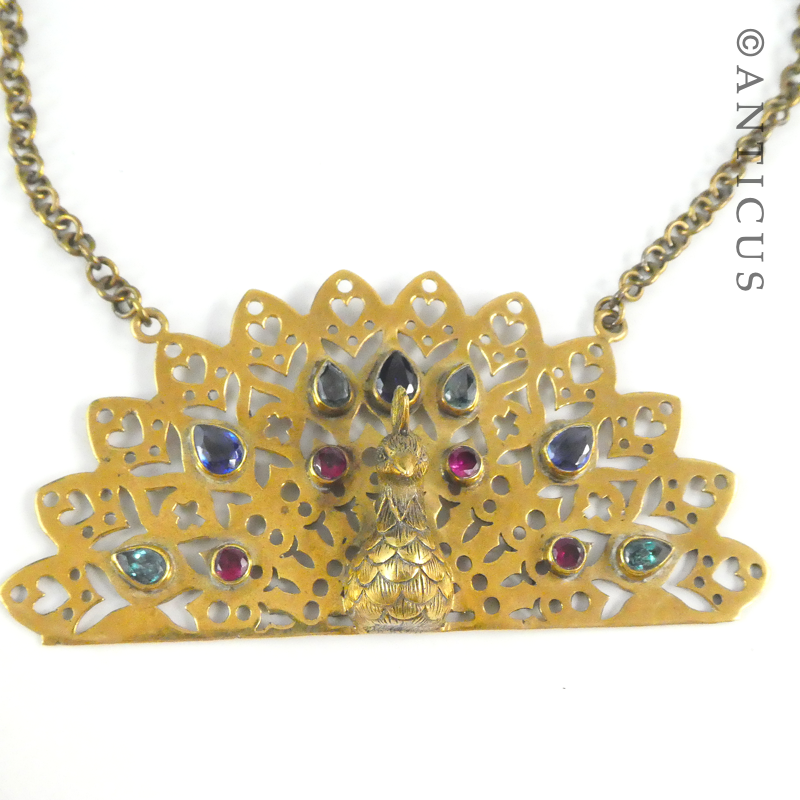 Large Brass Peacock Pendant with Gem Stones.