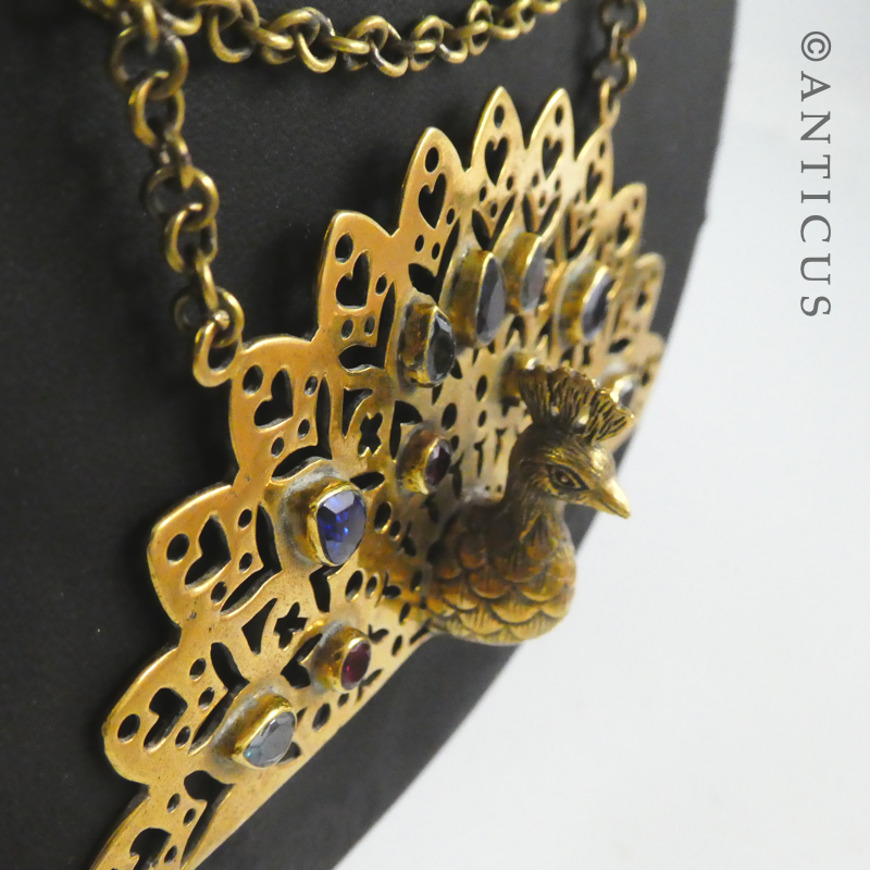 Large Brass Peacock Pendant with Gem Stones.