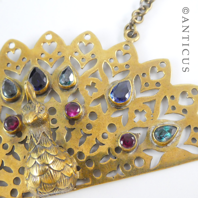 Large Brass Peacock Pendant with Gem Stones.