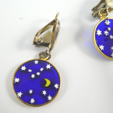 Clip Earrings with Glass Disc of Moon and Stars.
