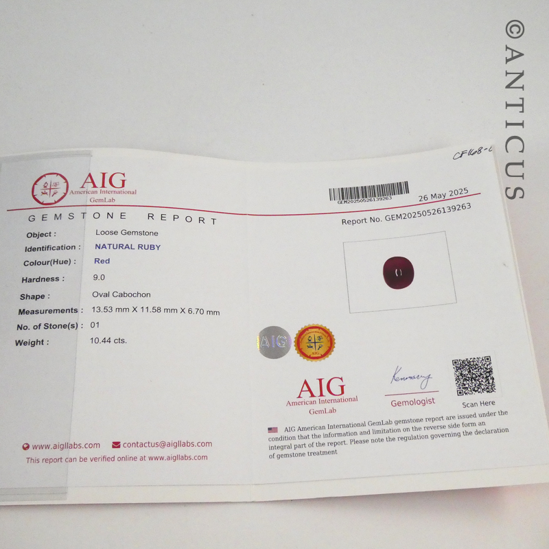 Large Ruby Cabochon, Silver Mount. AIG Cert.