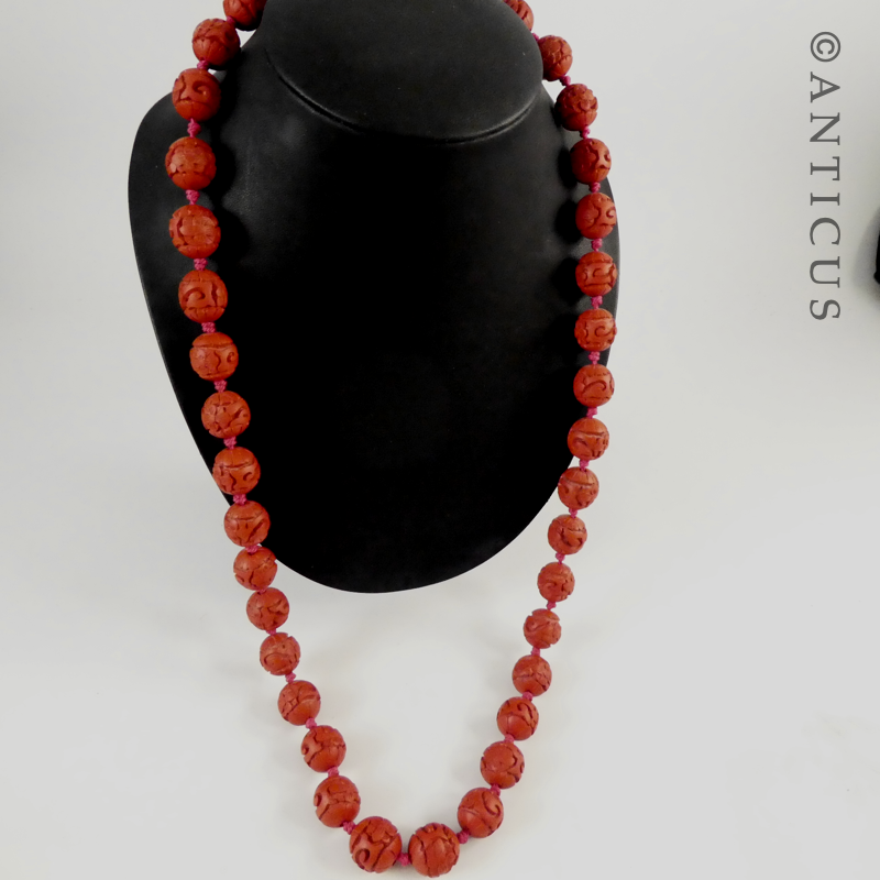 Vintage Chinese Carved Cinnabar Necklace.