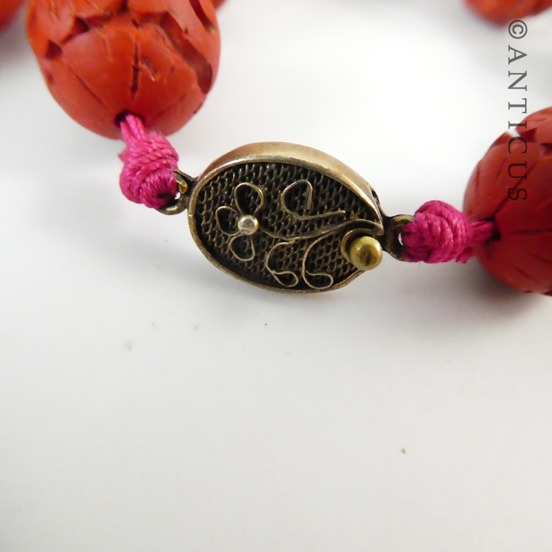 Vintage Chinese Carved Cinnabar Necklace.