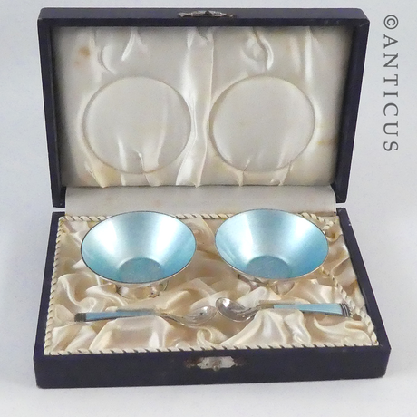 Vintage Boxed Danish Enamel Salts and Spoons.