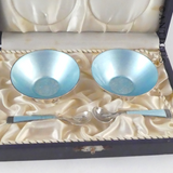 Vintage Boxed Danish Enamel Salts and Spoons.