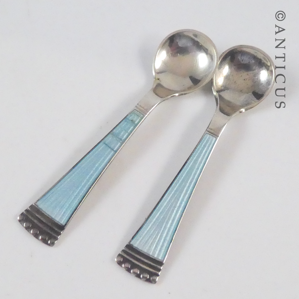 Vintage Boxed Danish Enamel Salts and Spoons.