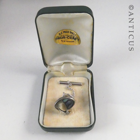 Vintage Silver and Paua Kiwi Tie Pin, Boxed.