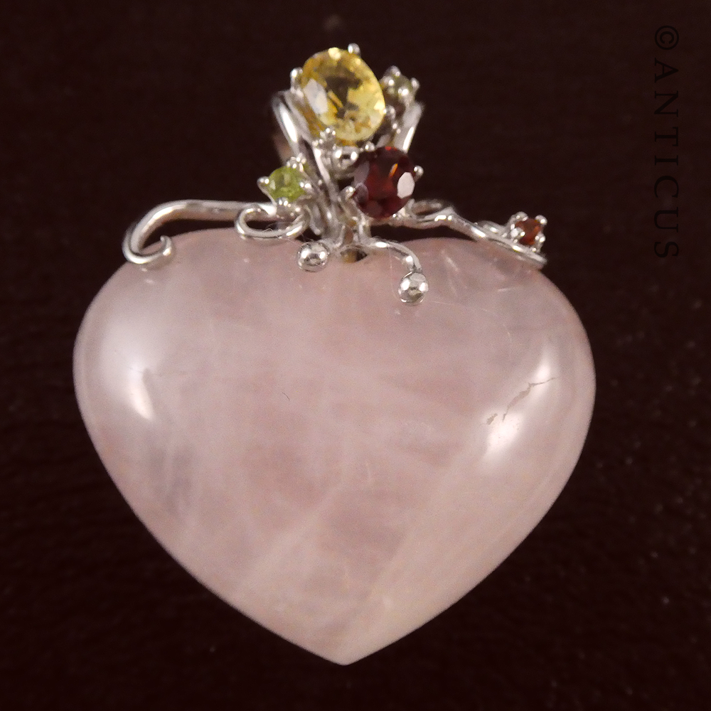 Rose Quartz Heart Pendant with Gem Stones.