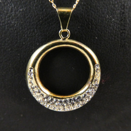 Gold Circle Pendant and Chain with Crystals.