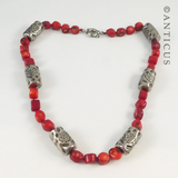 Red Dyed Coral Necklace with Silver Metal