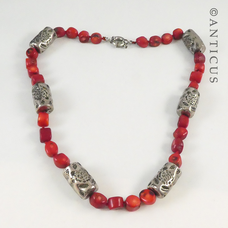 Red Dyed Coral Necklace with Silver Metal
