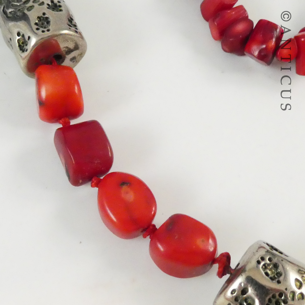 Red Dyed Coral Necklace with Silver Metal