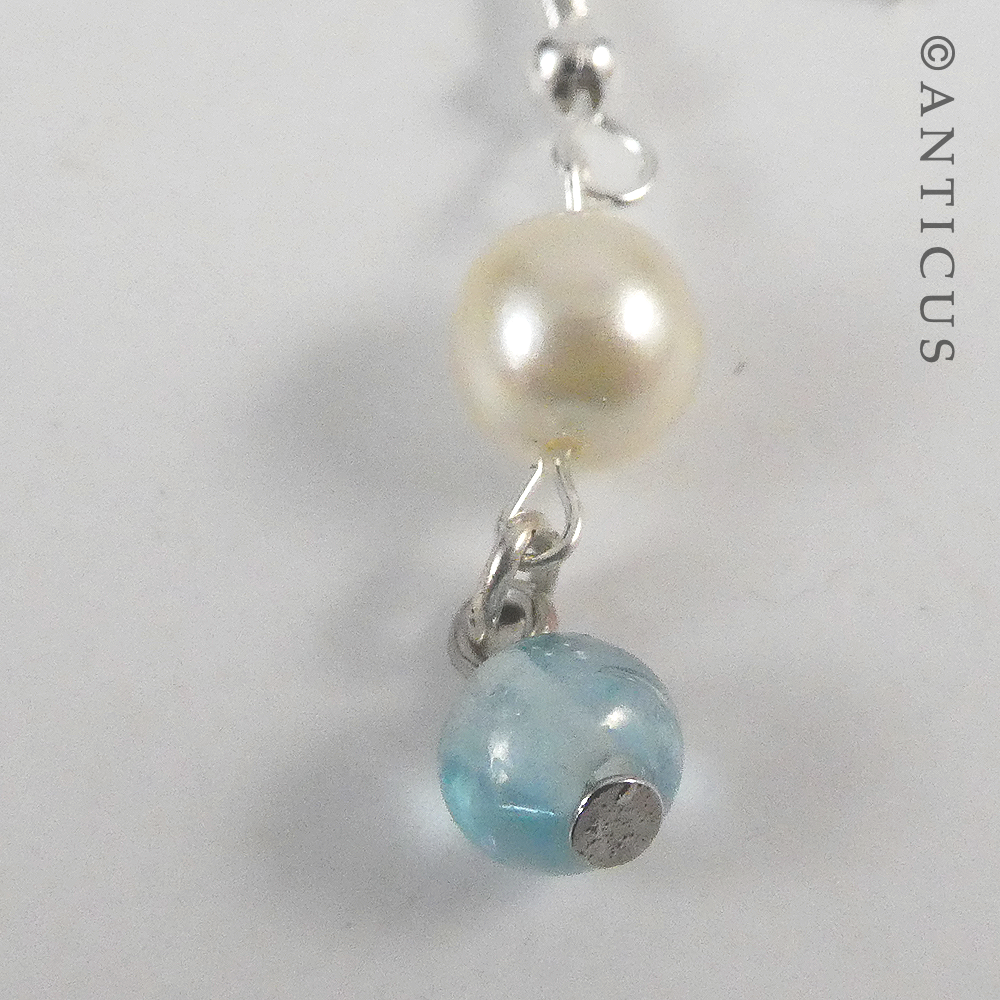 Drop Earrings, Pearl and Blue Bead.